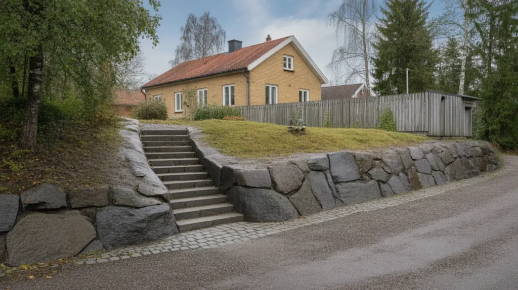 st dmur i natursten med trappa anlagd i bromsten sp nga