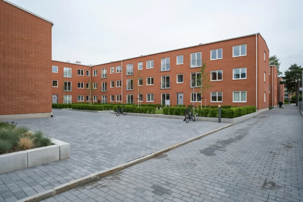plattl ggning av innerg rd med kantst d i tensta sp nga